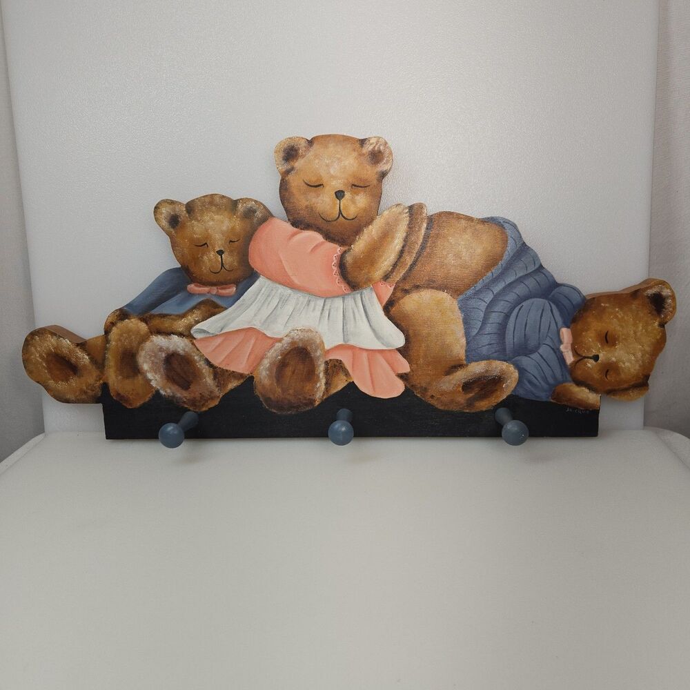 Vintage Hand Painted Teddy Bear Wall Peg Rack 3 Peg Coat Rack Nursery Decor